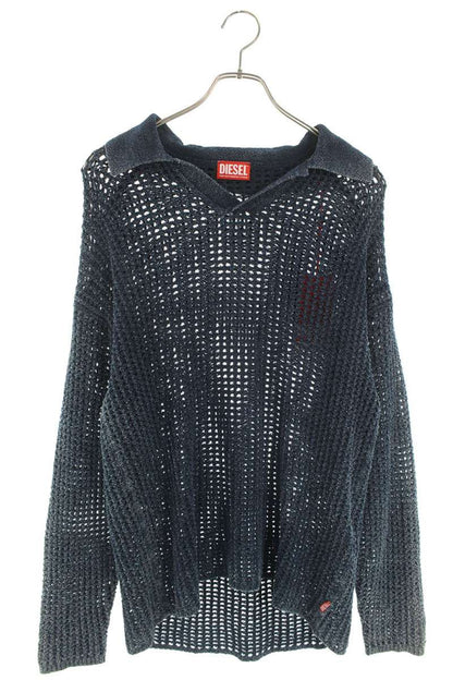 DIESEL Distressed Polo Neck Long Sleeve Top Blue Size L