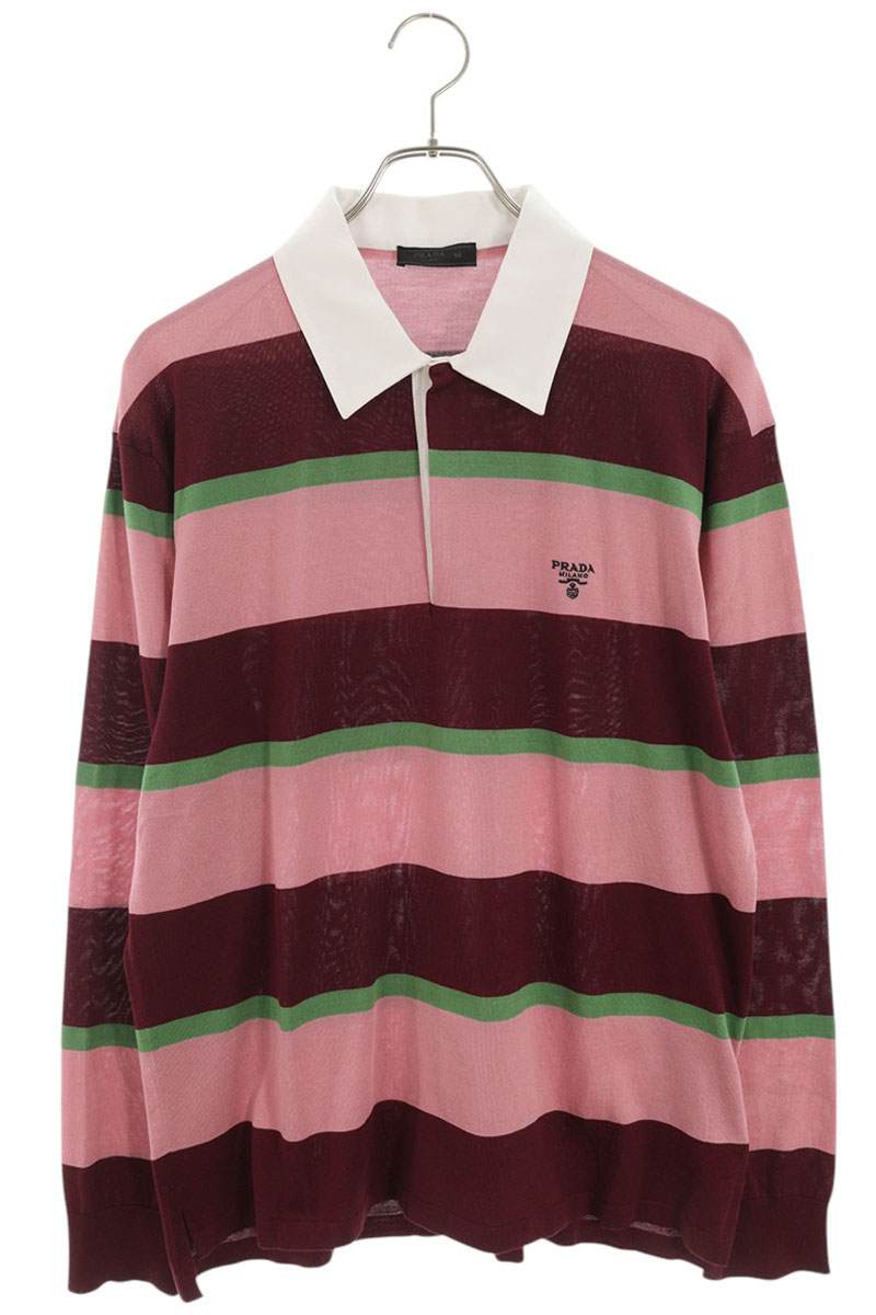 PRADA Striped Silk Blend Polo Long Sleeve Top Size L