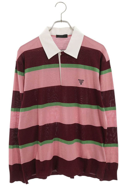 PRADA Striped Silk Blend Polo Long Sleeve Top Size L
