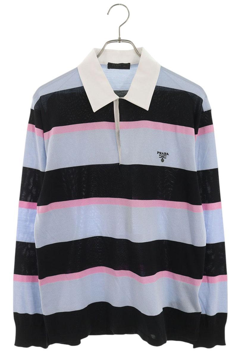 PRADA Border Silk Polo Long Sleeve Top Blue/Pink/White Size M