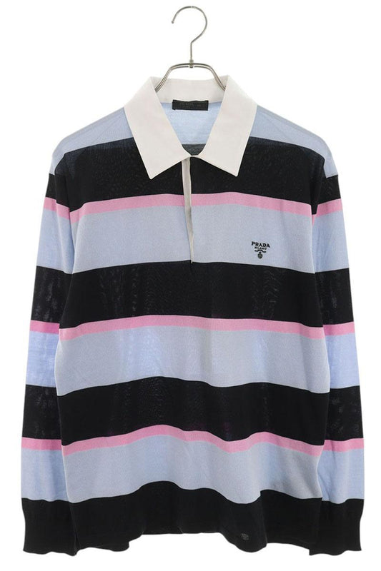 PRADA Border Silk Polo Long Sleeve Top Blue/Pink/White Size M