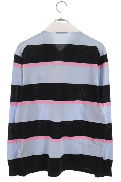 PRADA Border Silk Polo Long Sleeve Top Blue/Pink/White Size M