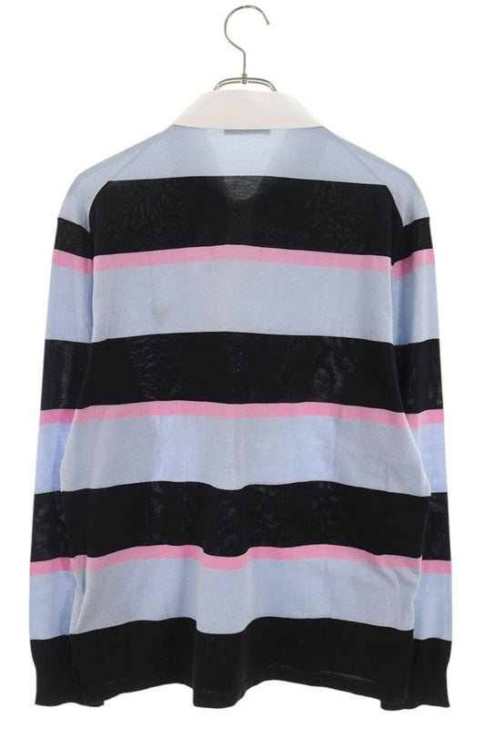 PRADA Border Silk Polo Long Sleeve Top Blue/Pink/White Size M
