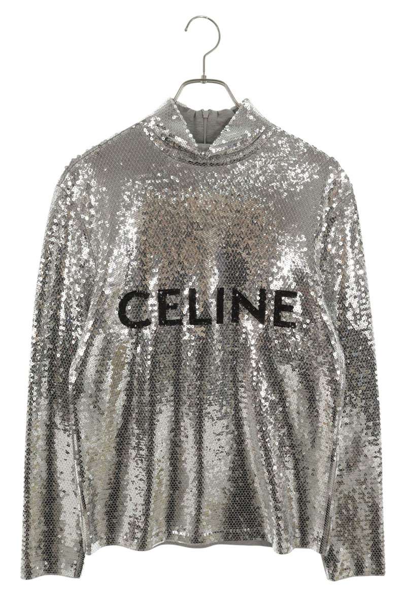 CELINE Front Logo Sequin Long Sleeve Top Silver Size XS