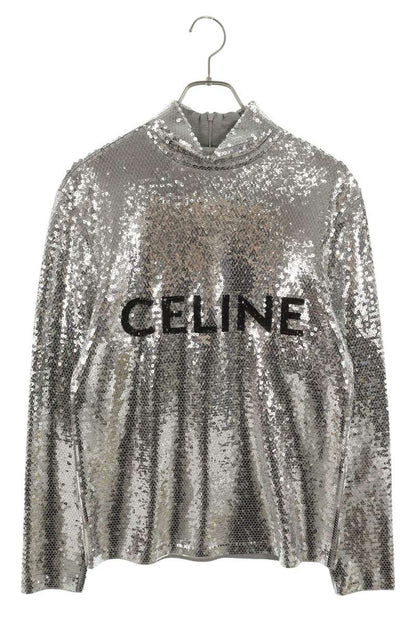 CELINE Front Logo Sequin Long Sleeve Top Silver Size XS