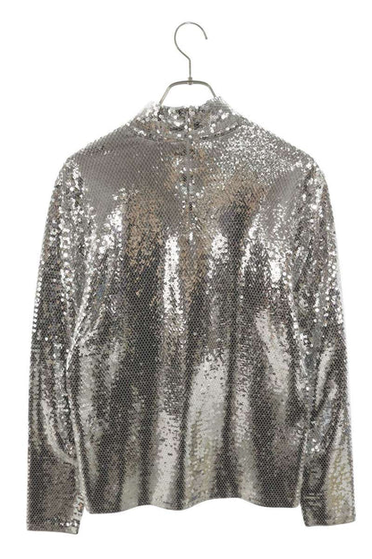 CELINE Front Logo Sequin Long Sleeve Top Silver Size XS