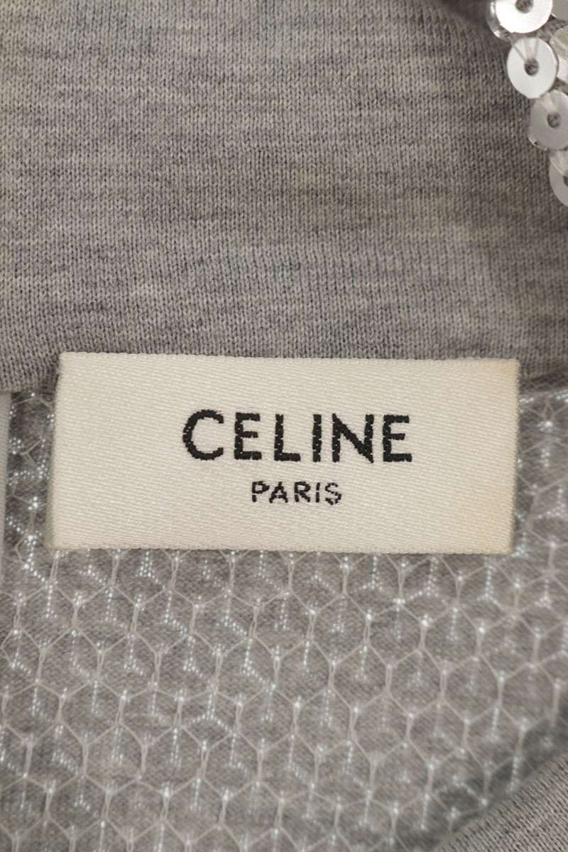 CELINE Front Logo Sequin Long Sleeve Top Silver Size XS