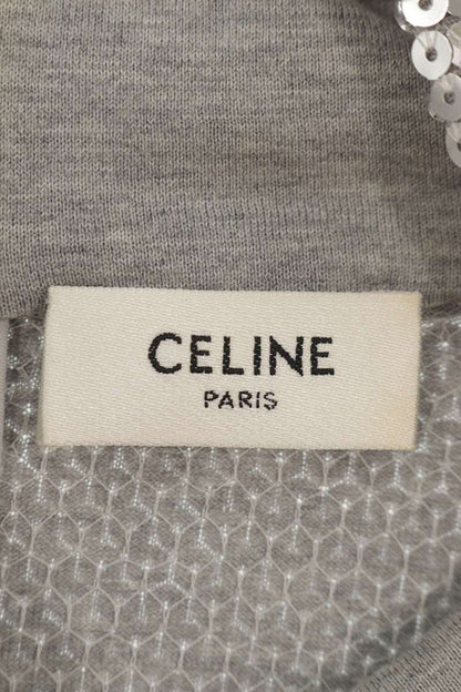 CELINE Front Logo Sequin Long Sleeve Top Silver Size XS