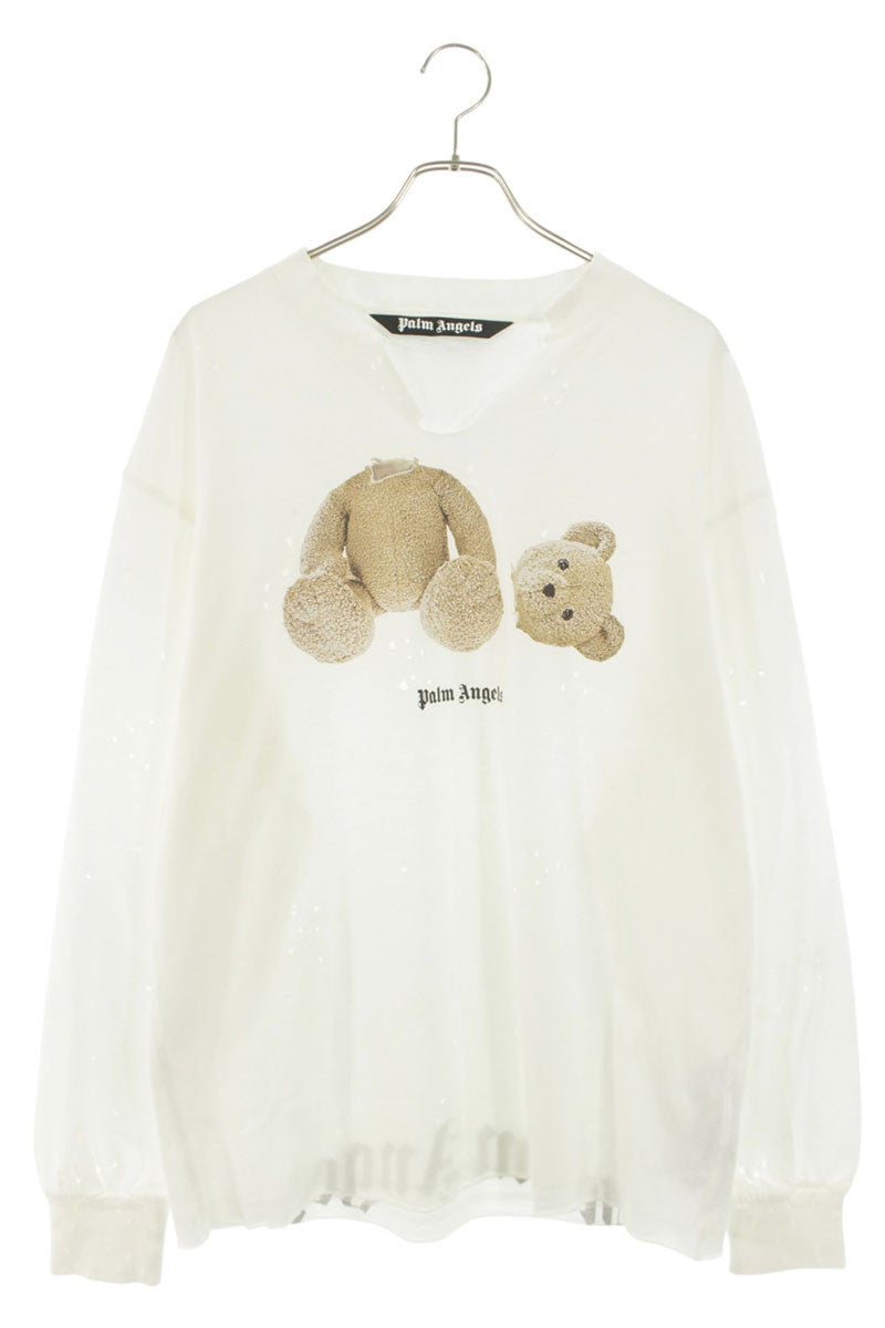 Palm Angels Distressed Bear Print Long Sleeve Top White Size L