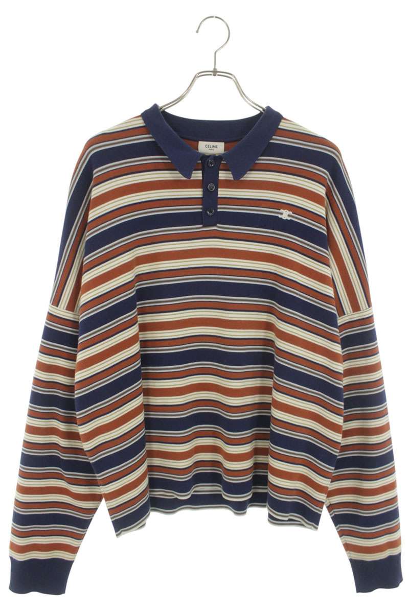CELINE Triomphe Embroidered Border Polo Long Sleeve Top Size XL