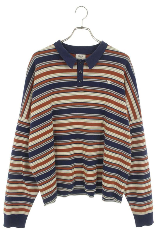 CELINE Triomphe Embroidered Border Polo Long Sleeve Top Size XL