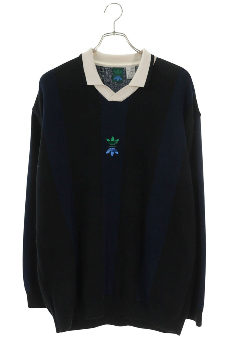 adidas Knit Polo Long Sleeve Top Black Navy Size L