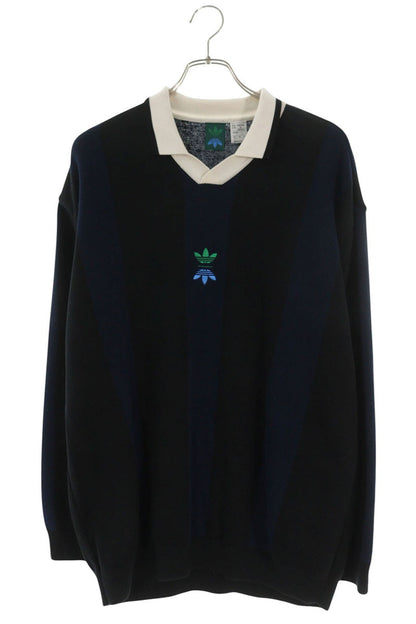 adidas Knit Polo Long Sleeve Top Black Navy Size L
