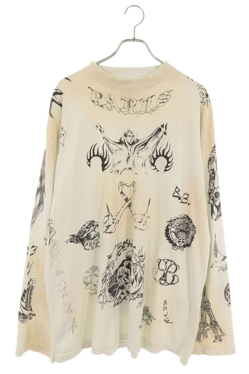 BALENCIAGA Distressed Graphic Long Sleeve T-Shirt White Size 4