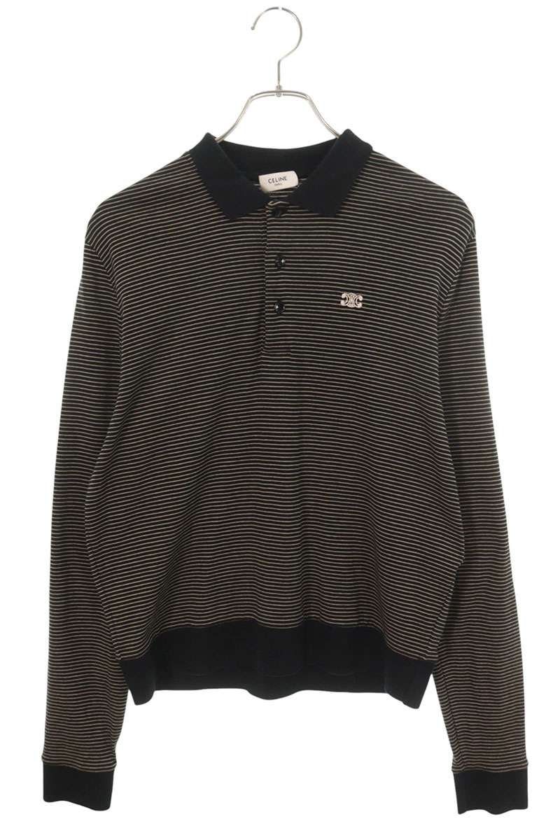 CELINE Triomphe Logo Stripe Cotton Long Sleeve Shirt Multi Polo Size S