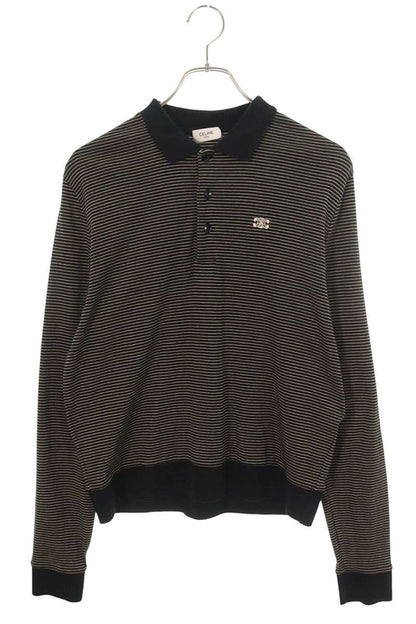 CELINE Triomphe Logo Stripe Cotton Long Sleeve Shirt Multi Polo Size S