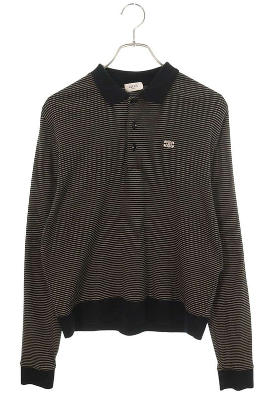 CELINE Triomphe Logo Stripe Cotton Long Sleeve Shirt Multi Polo Size S