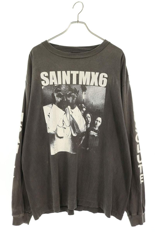SAINT MICHAEL Distressed Graphic Print T-Shirt Gray Size XL