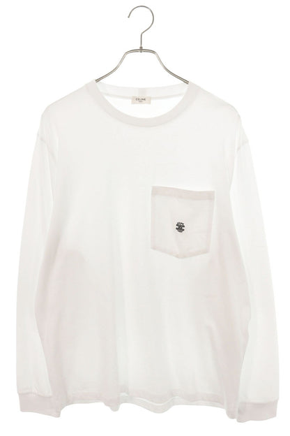 CELINE Triomphe Embroidered Pocket Long Sleeve Tee White Size XL