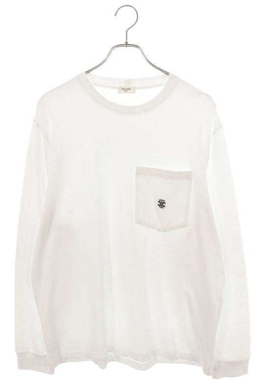 CELINE Triomphe Embroidered Pocket Long Sleeve Tee White Size XL