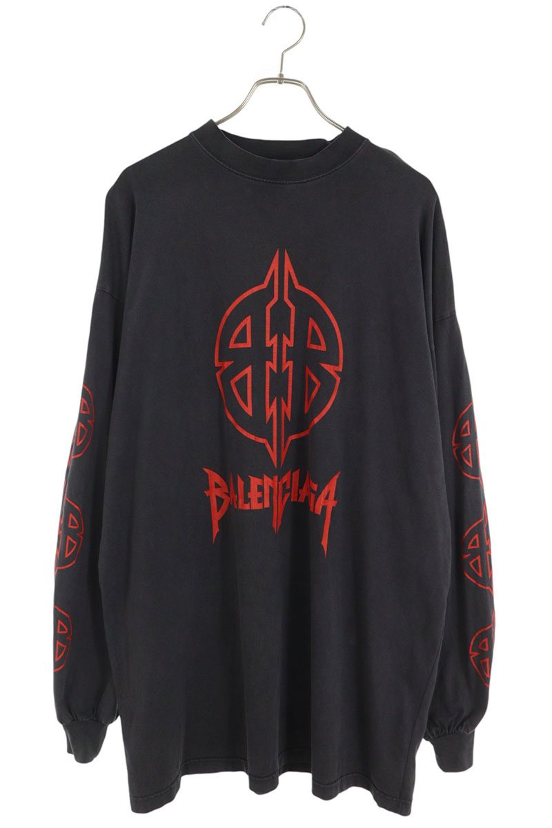 BALENCIAGA Metal Logo Print Cotton Long T-Shirt Black Size 2