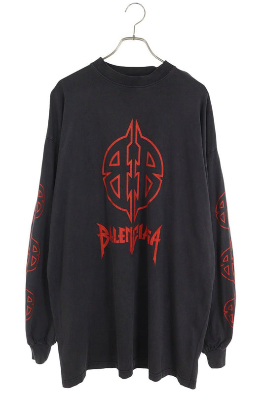 BALENCIAGA Metal Logo Print Cotton Long T-Shirt Black Size 2