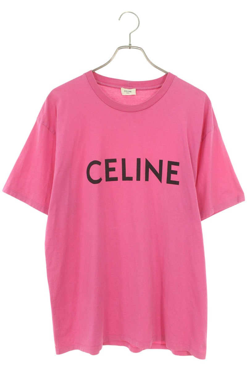 CELINE Pink Logo Print Loose Fit Cotton Tee Size M