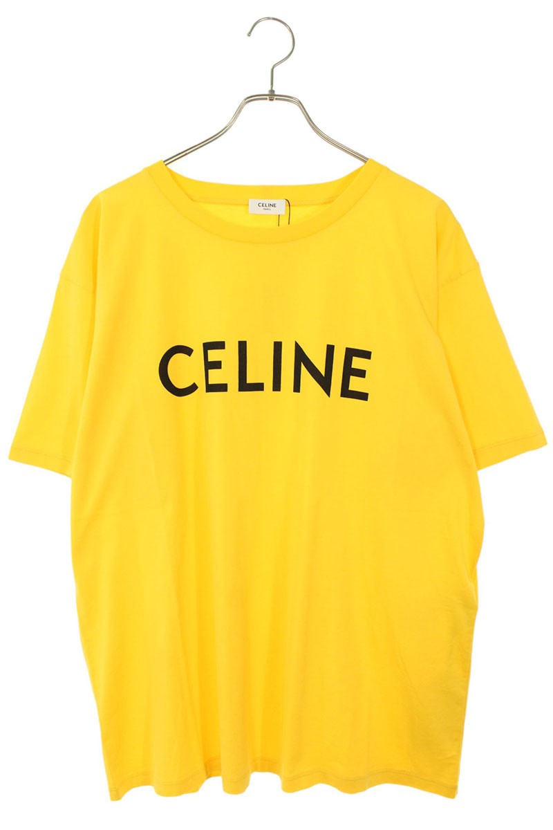 CELINE Loose Fit Logo Print Cotton Tee Yellow Size L