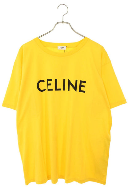 CELINE Loose Fit Logo Print Cotton Tee Yellow Size L