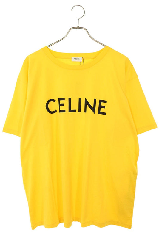 CELINE Loose Fit Logo Print Cotton Tee Yellow Size L