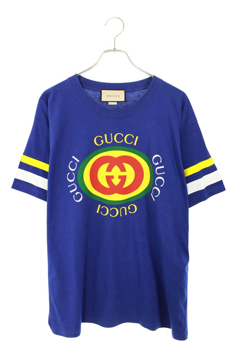 GUCCI XJFFU GG Logo Print T-shirt Blue Cotton Size S