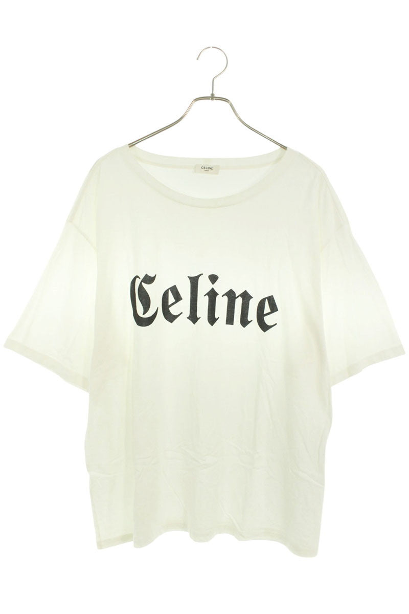 CELINE Gothic Logo Print T-shirt White Cotton Size XL