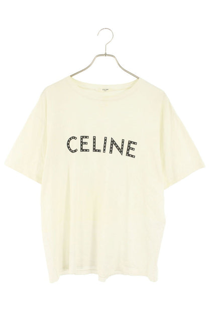 CELINE White Cotton Rhinestone Logo T-shirt Size M