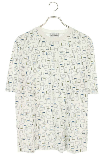 Hermes 25SS Etriers Elastiques All-Over Print T-Shirt White x Blue Size XS