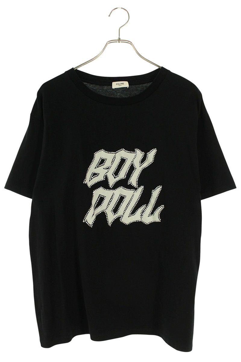 CELINE BOY DOLL Rhinestone Logo Print T-Shirt Black Size XL