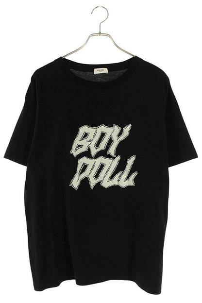 CELINE BOY DOLL Rhinestone Logo Print T-Shirt Black Size XL