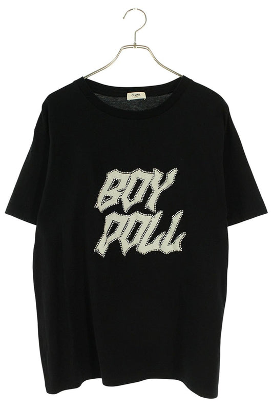 CELINE BOY DOLL Rhinestone Logo Print T-Shirt Black Size XL