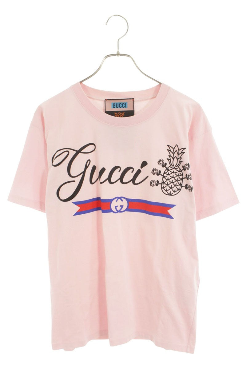 GUCCI Pineapple Logo Print T-Shirt Pink Size XS
