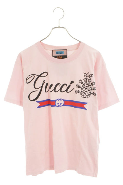 GUCCI Pineapple Logo Print T-Shirt Pink Size XS