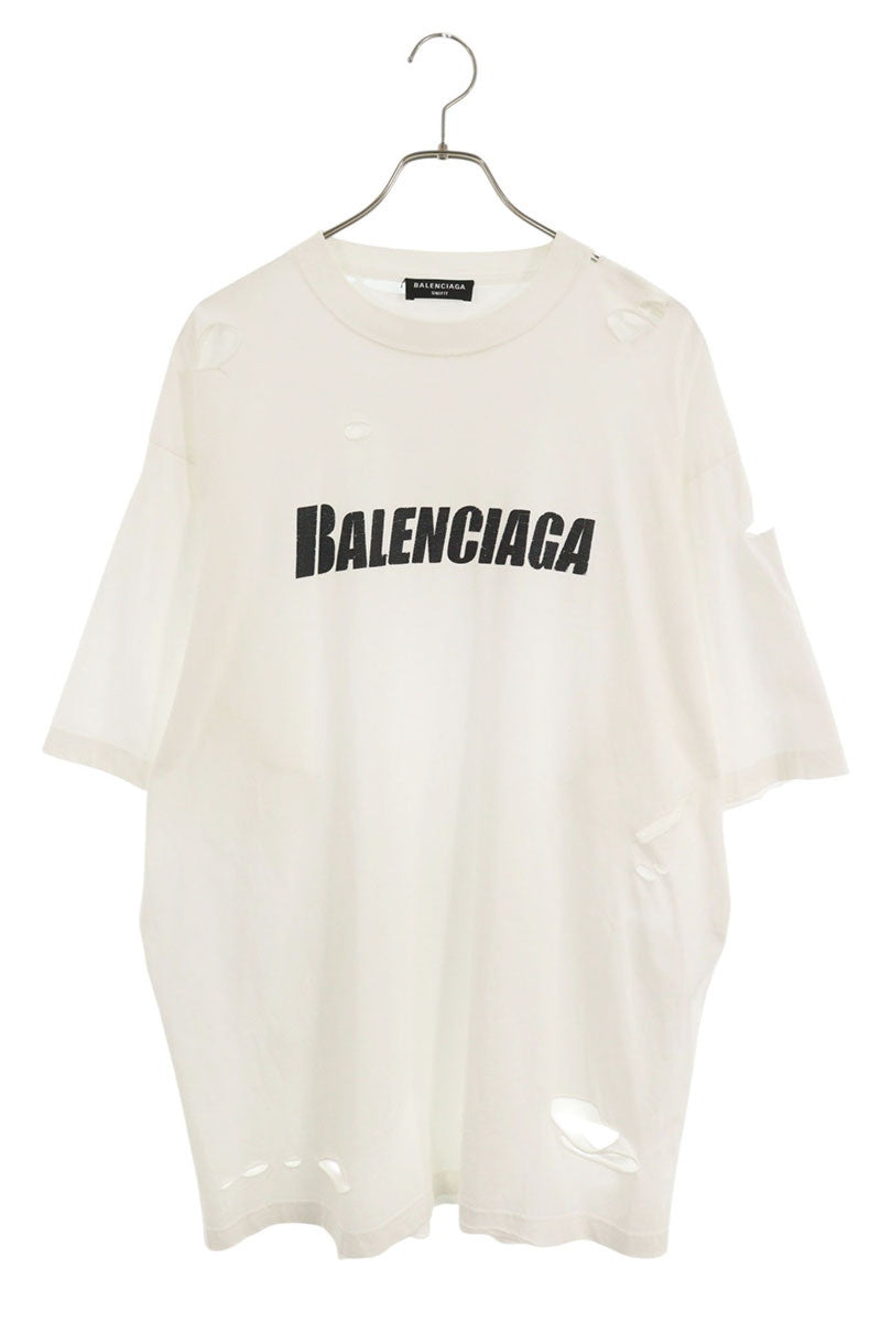 BALENCIAGA Distressed Logo Print T-Shirt White Size XS