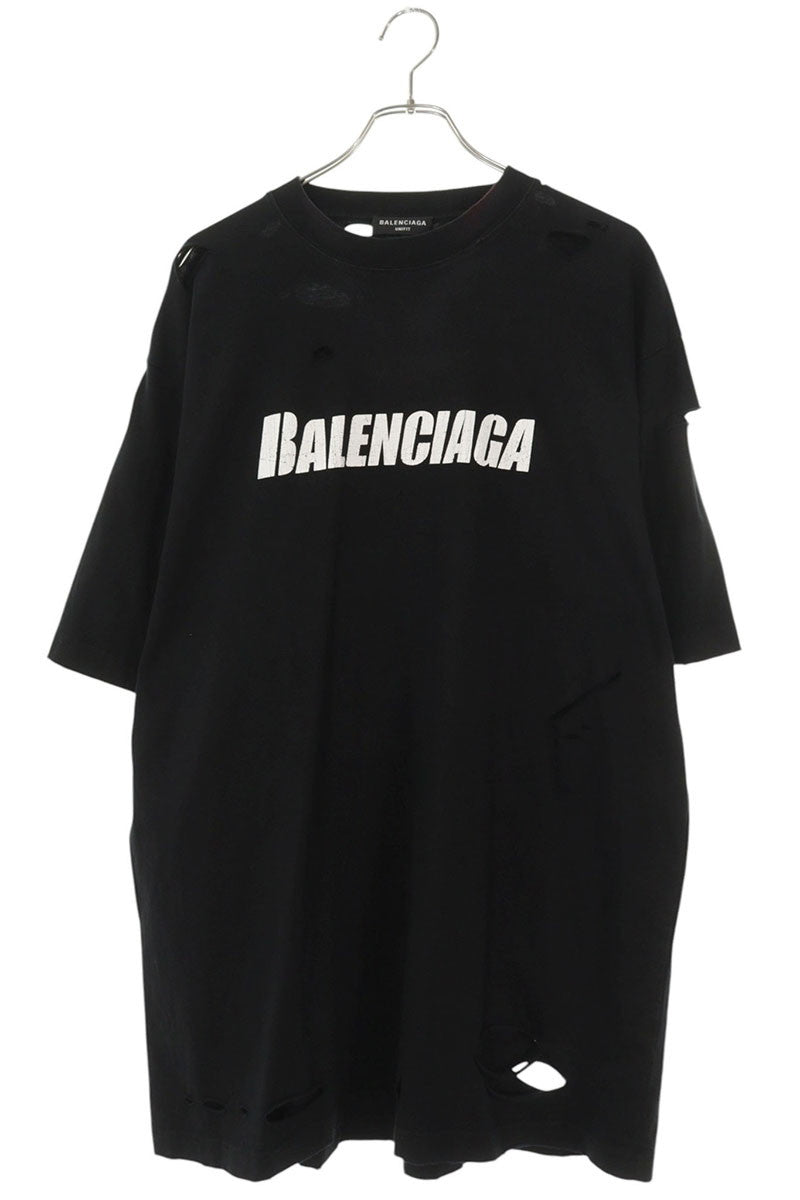 BALENCIAGA Destroyed Logo Print Tee Black Size S