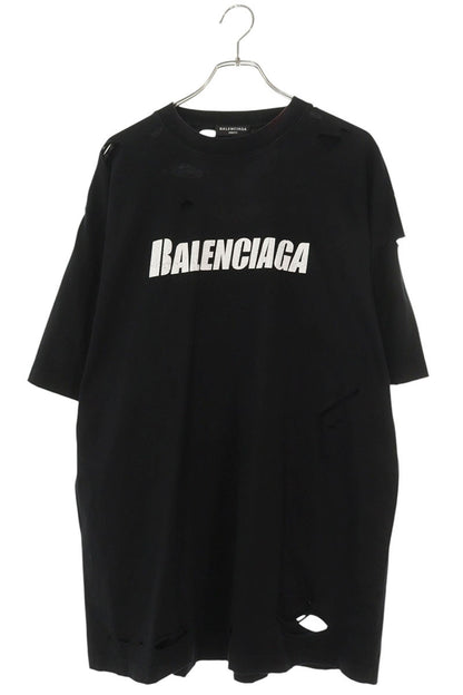 BALENCIAGA Destroyed Logo Print Tee Black Size S