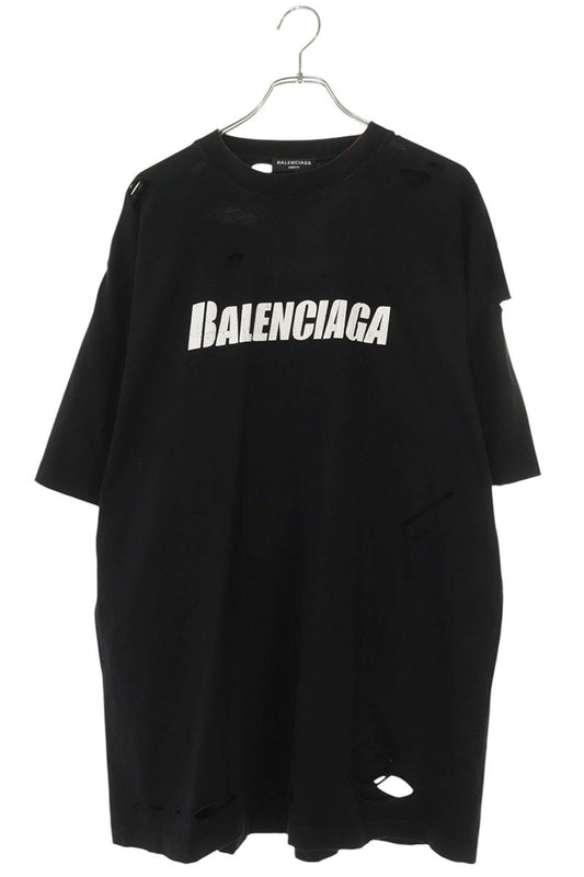 BALENCIAGA Destroyed Logo Print Tee Black Size S