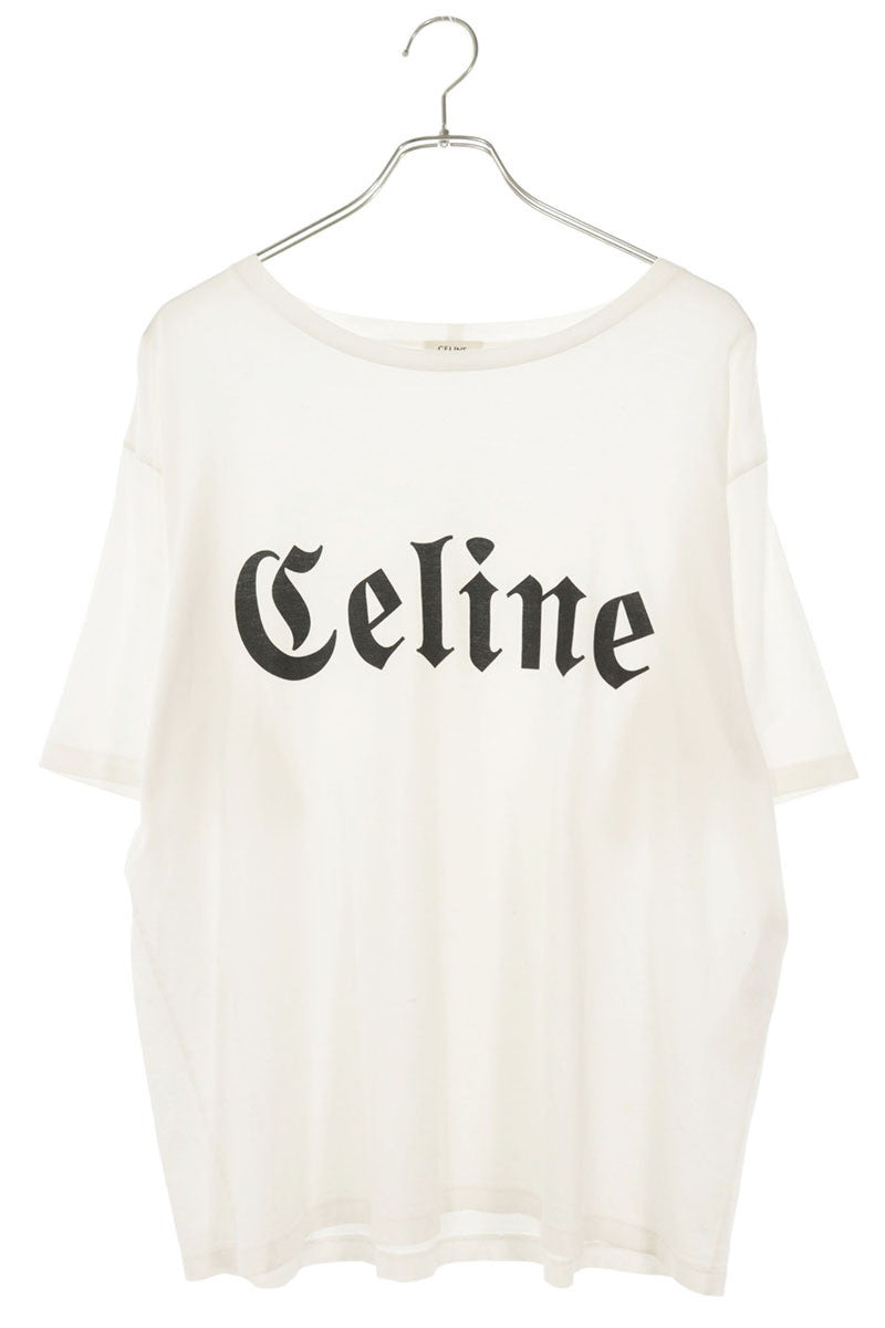 CELINE White Gothic Logo Print Cotton T-Shirt Size S
