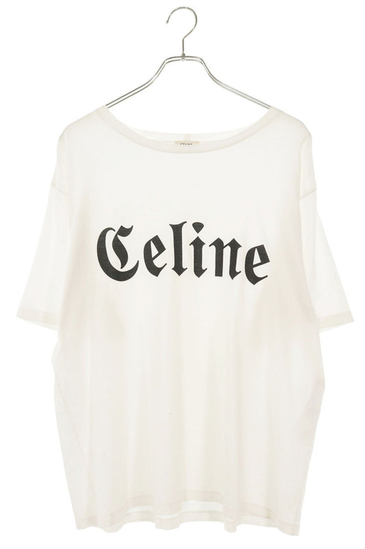 CELINE White Gothic Logo Print Cotton T-Shirt Size S