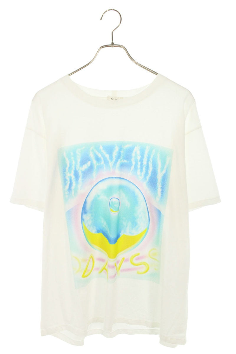 CELINE Front Print Cotton T-Shirt White Size L