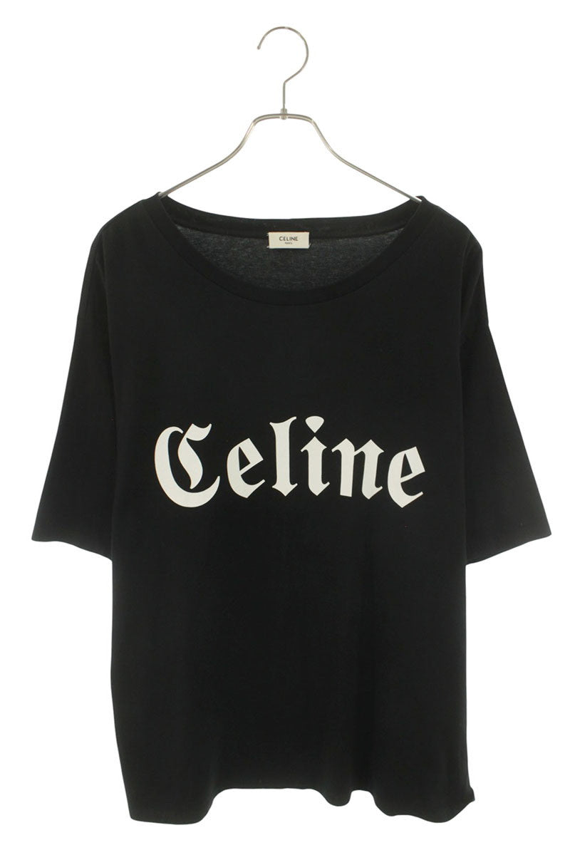 CELINE Black Gothic Logo Print Cotton T-Shirt Size XXL