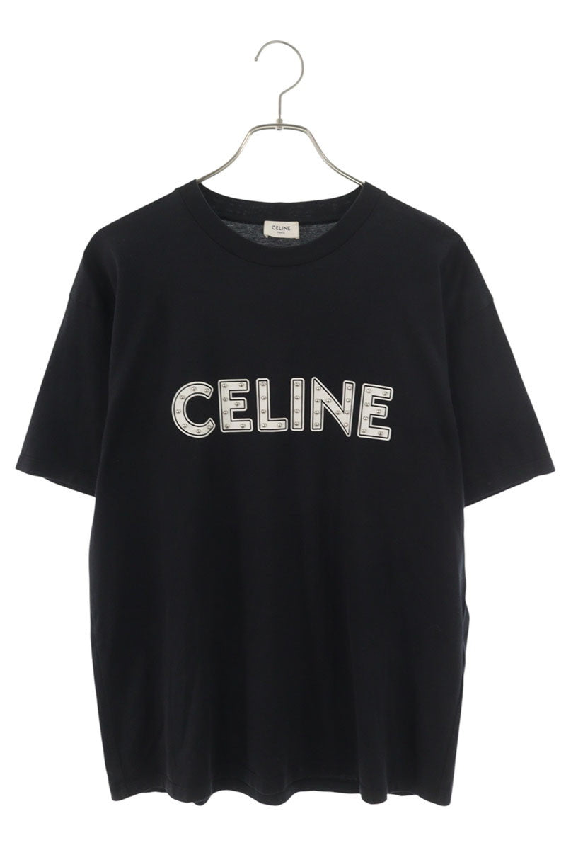 CELINE Studded Logo Print Cotton T-Shirt Black Size S