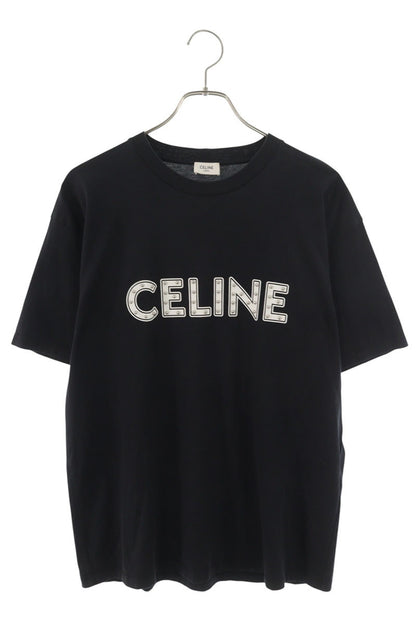 CELINE Studded Logo Print Cotton T-Shirt Black Size S