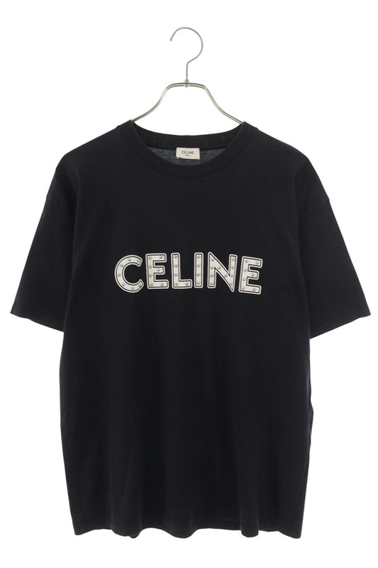 CELINE Studded Logo Print Cotton T-Shirt Black Size S